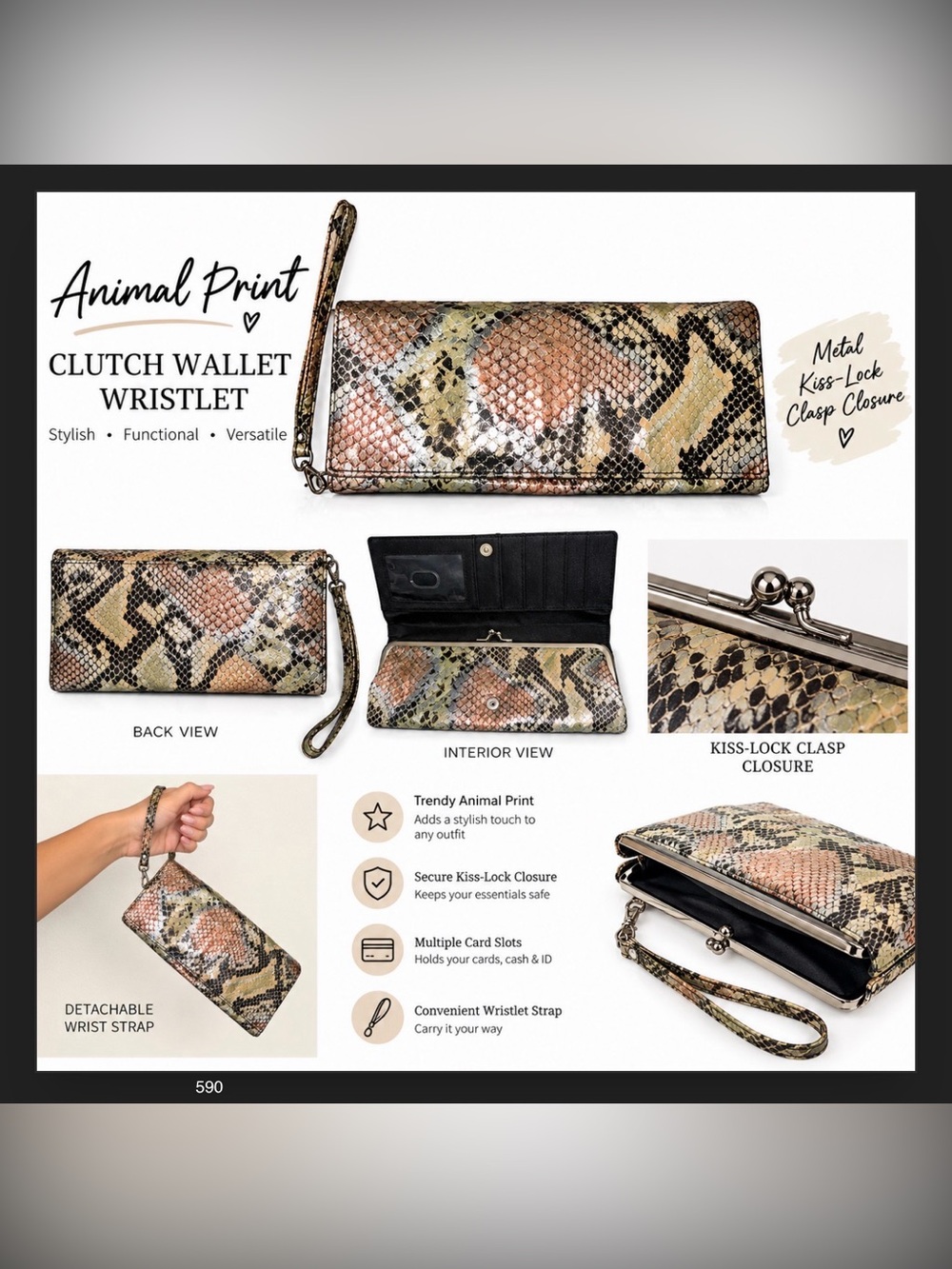 Animal Print Clutch Wallet Wristlet with Kiss-Lock Closure
